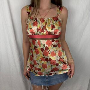 Y2K floral tank top with tie back under bust and Gem embellished front S